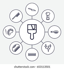 Brush icons set. set of 9 brush outline icons such as comb, hair brush, dustpan, clean