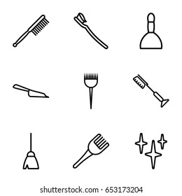 Brush icons set. set of 9 brush outline icons such as barber brush, spa bag, broom, dustpan