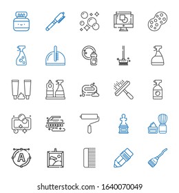 brush icons set. Collection of brush with broom, pen, comb, painting, font, shaving brush, sculpture, paint roller, soap, window cleaner, toothpaste. Editable and scalable icons.
