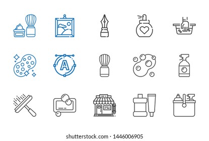 brush icons set. Collection of brush with cleaning, toothpaste, barbershop, soap, window cleaner, shaving brush, font, sponge, hand wash, perfume. Editable and scalable icons.
