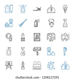 brush icons set. Collection of brush with comb, perfume, pen, canvas, shaving brush, roller, window cleaner, soap, graphic design, painting. Editable and scalable icons.
