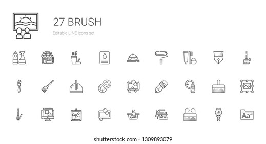 brush icons set. Collection of brush with comb, hand wash, soap, painting, graphic design, toilet brush, washing, pen, sponge, broom, paint brush. Editable and scalable icons.