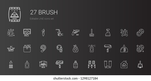 brush icons set. Collection of brush with toothpaste, painting, correction fluid, roller, graphic design, perfume, sculpture, paint roller. Editable and scalable brush icons.