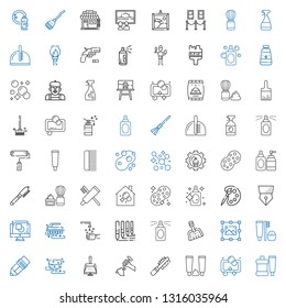 brush icons set. Collection of brush with toothpaste, soap, pet brush, sculpture, dustpan, sponge, pen, toothbrush, graphic design, perfume. Editable and scalable icons.