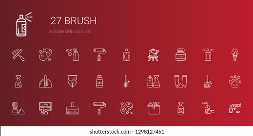 brush icons set. Collection of brush with window cleaner, cleaning, sponge, paint roller, paint brush, canvas, shaving toothpaste, toilet brush. Editable and scalable icons.