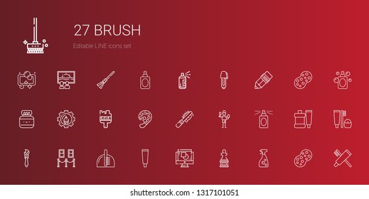 brush icons set. Collection of brush with window cleaner, sculpture, graphic design, tooth paste, comb, painting, paint brush, perfume, pet brush. Editable and scalable icons.