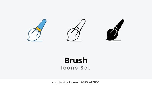 Iconos de pincel línea delgada, glifo negro, línea de color icono de Vector Ilustración de stock