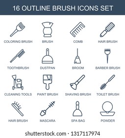 brush icons. Trendy 16 brush icons. Contain icons such as coloring brush, comb, hair toothbrush, dustpan, broom, barber cleaning tools. icon for web and mobile.