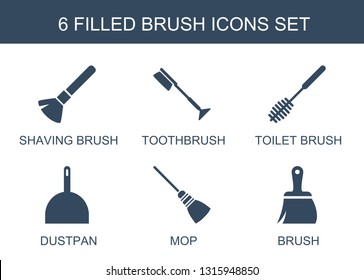 brush icons. Trendy 6 brush icons. Contain icons such as shaving brush, toothbrush, toilet dustpan, mop. icon for web and mobile.