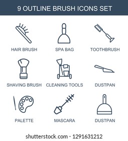 brush icons. Trendy 9 brush icons. Contain icons such as hair brush, spa bag, toothbrush, shaving cleaning tools, dustpan, palette, mascara. icon for web and mobile.