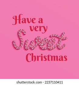 Brush included. Have a very sweet Christmas square banner for social media or greeting card. Vector design. Text made of traditional candy cane isolated on a modern pink background.  