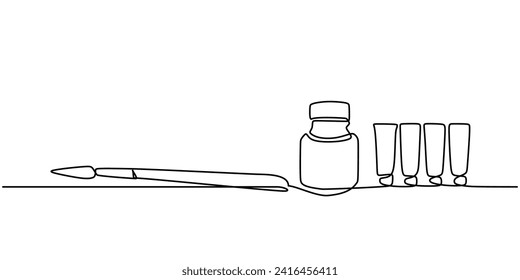 Brush and ink bottle. Hand drawn continuous single one line art drawing.