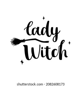 Brush ink calligraphy - lady witch - decorated with a broom stick and stars. Pretty black hand drawn vector isolated on white background.