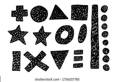 brush and ink drawn set of simple shapes (circle, square, star, triangle, rectangle) hand-drawn in doodle style