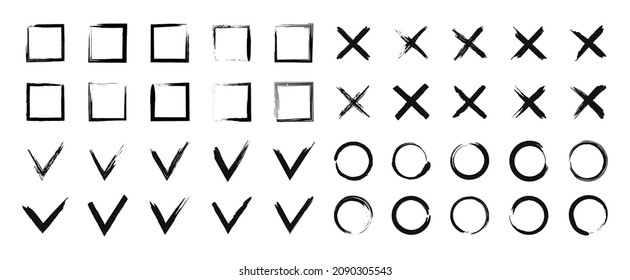 Pinselstrich. Schwarzes Kreuz, Prüfzeichen, Kreis und Rechteck. Grunge Vektorrahmen für die Abstimmung und Umfrage. Gestaltung der Farbleiste. Symbol von handgezeichnet Textur auf weißem Hintergrund.