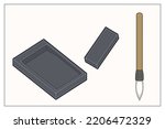 Brush, inkstone, ink stick, paper. The four precious things of the study in East Asia. Vector illustrations set.