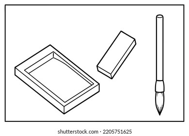 Brush, inkstone, ink stick, paper. The four precious things of the study in East Asia. Vector line art illustrations set.