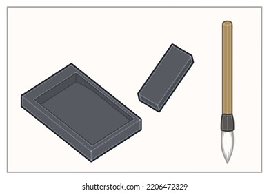 Cepillo, piedra de tinta, lápiz de tinta, papel. Las cuatro cosas preciadas del estudio en Asia Oriental. Ilustraciones vectoriales establecidas.