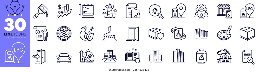 Brush, Inventory and Entrance line icons pack. Palette, Green energy, Box size web icon. Energy, University campus, Lighthouse pictogram. Skyscraper buildings, Gas station, Filling station. Vector