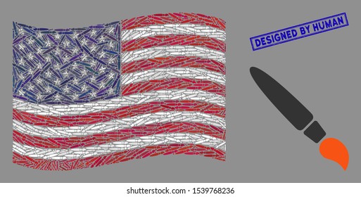 Brush items are organized into USA flag mosaic with blue rectangle grunge stamp watermark of Designed by Human phrase. Vector collage of USA waving flag is composed of brush items.