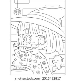 brush kawaii witch halloween coloring book page for kids and adults creative coloring mindful relaxation activity