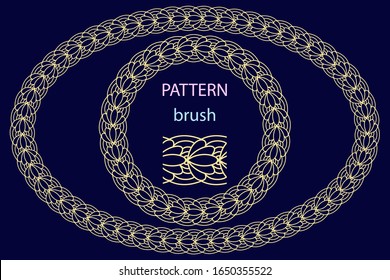Brush lace border part and sample of frames. Gold ornament isolated on dark blue background. Vector illustration.