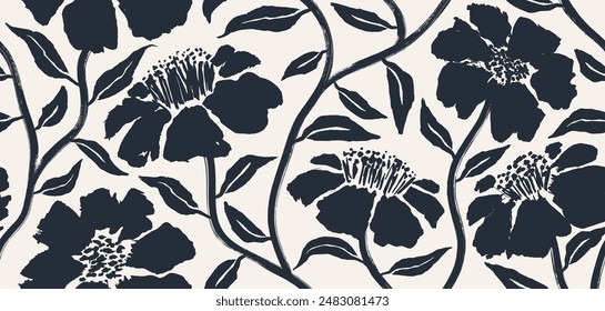 Brush leaf and flower silhouettes vector seamless pattern. black abstract floral background.