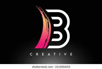Brush Letter B Logo Design with White Outline and Black Background Vector. Brush Stroke Logo with Monogram Minimalist Look Illustration.