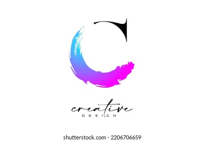 Brush Letter C logo desgn with Artistic Colorful Blue Purple Paintbrush Stroke Vector. Elegant Initial Modern C Logo Icon Idea with Serif Font Vector Illustration.
