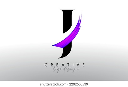 Brush Letter J Logo Design with Creative Artistic Paint Brush Stroke and Modern Look Vector. J letter icon design with serif font and purple brush stroke.