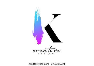 Brush Letter K logo desgn with Artistic Colorful Blue Purple Paintbrush Stroke Vector. Elegant Initial Modern K Logo Icon Idea with Serif Font Vector Illustration.