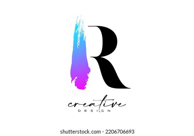Brush Letter R logo desgn with Artistic Colorful Blue Purple Paintbrush Stroke Vector. Elegant Initial Modern R Logo Icon Idea with Serif Font Vector Illustration.