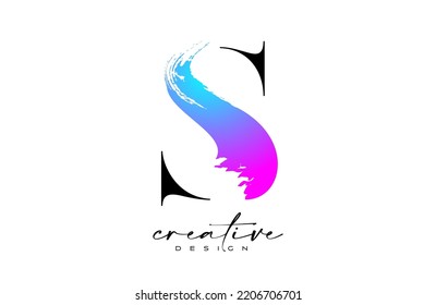 Brush Letter S logo desgn with Artistic Colorful Blue Purple Paintbrush Stroke Vector. Elegant Initial Modern S Logo Icon Idea with Serif Font Vector Illustration.