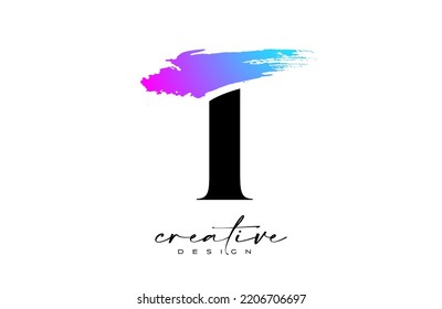 Brush Letter T logo desgn with Artistic Colorful Blue Purple Paintbrush Stroke Vector. Elegant Initial Modern T Logo Icon Idea with Serif Font Vector Illustration.