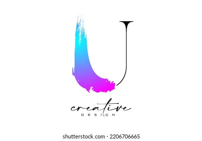 Diseño del logotipo "Brush Letter U" con el vector de trineo del pincel azul violeta artístico. Elegante Idea de Icono de logotipo inicial moderno de U con una ilustración de vectores de fuente seria.