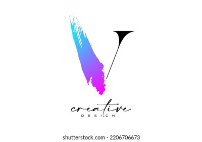 Brush Letter V logo desgn with Artistic Colorful Blue Purple Paintbrush Stroke Vector. Elegant Initial Modern V Logo Icon Idea with Serif Font Vector Illustration.