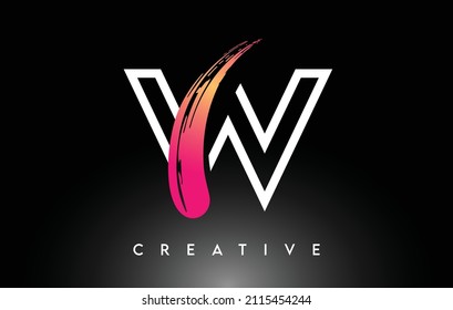 Diseño del logotipo de la letra del pincel W con contorno blanco y vector de fondo negro. Logotipo de pincel con lustración de aspecto minimalista monograma.