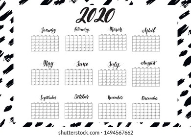 Brush lettering 2020 year wall calendar. English language. Week starts on Sunday. No holidays highlighted. Vector illustration.