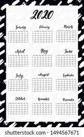 Brush lettering 2020 year wall calendar. English language. Week starts on Sunday. No holidays highlighted. Vector illustration.
