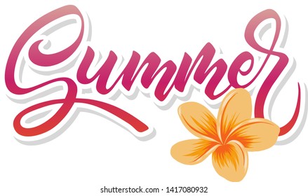 Brush lettering composition, hand drawn style, Summer isolated on white background with tropical plumeria flower