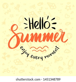 Brush lettering composition of Hello Summer on hand drawn doodle background vector pattern