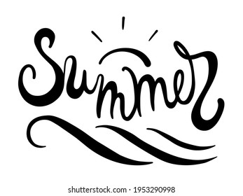 Cepillarse la composición de las letras del verano con el sol del doodle y agitar sobre el fondo blanco. Inscripción caligráfica de temporada. Tipografía manuscrita del vector