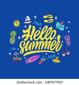 Brush lettering composition.Phrase Hello Summer. Vector illustration EPS10