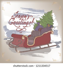 Brush lettering greeting and a color sketch of sleigh with Christmas tree and gifts. Great for posters, greeting cards.