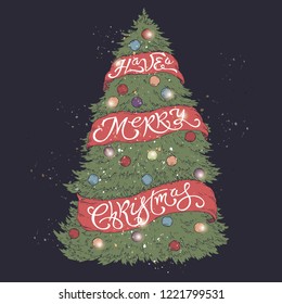 Brush lettering greeting placed in a color form of a decorated Christmas tree and saying Have a Merry Christmas. Great for posters, greeting cards.