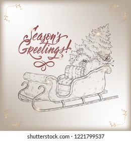 Brush lettering greeting and a simple sketch of sleigh with Christmas tree and gifts. Great for posters, greeting cards.