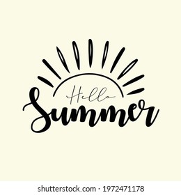 Brush lettering of Hello Summer with cute sun icon. illustration vector