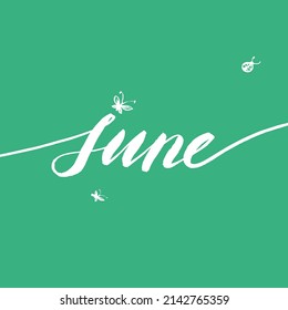 Brush lettering - June word. June conceptual text with flying insects. June handwritten text vector illustration for poster, card, banner, design template. Summer month.