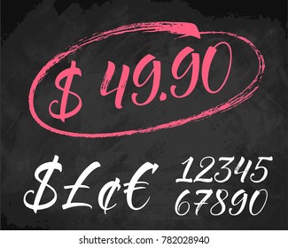 Brush lettering numbers and currency symbols on chalkboard surface. Modern calligraphy, handwritten letters. Vector illustration.