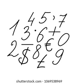 Brush lettering numbers, punctuation and currency symbols. Modern calligraphy, handwritten letters. 
